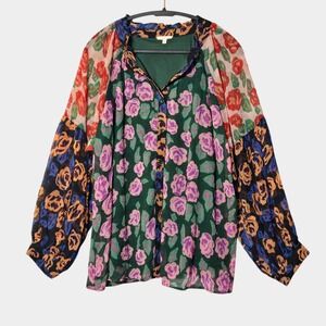 Jodifl Nora Hunter Color Block Floral Mix Print Button Down L Boho Art Festival